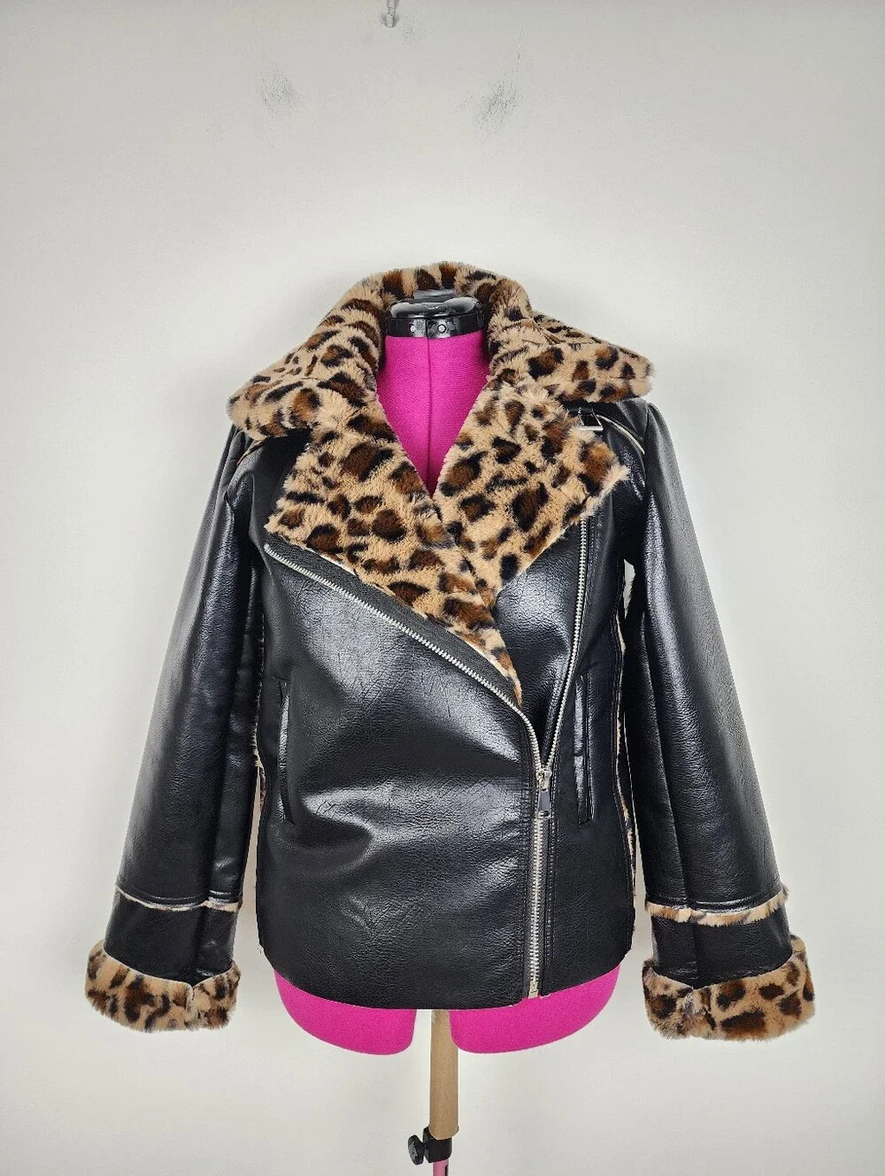 Black Faux Leather Moto Jacket with Leopard Faux Fur Accent